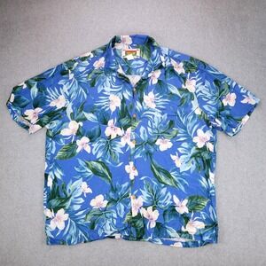 Banana Jack Button Down Shirt Mens Large Blue Floral Tropical Rayon Hawaii